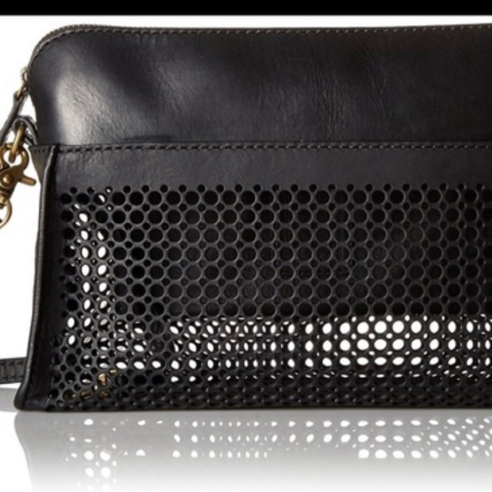 Frye Peyton perforated leather crossbody clutch bag. Black. - Picture 3 of 7